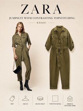 Zara Khaki Jumpsuit With Contrasting Topstitching Size XS Belted Utility Romper
